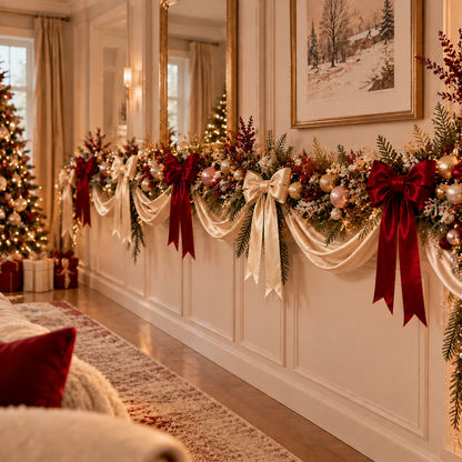 Luxury Christmas Velvet Bow Garland Decoration - Elegant Holiday Mantel & Window Decor