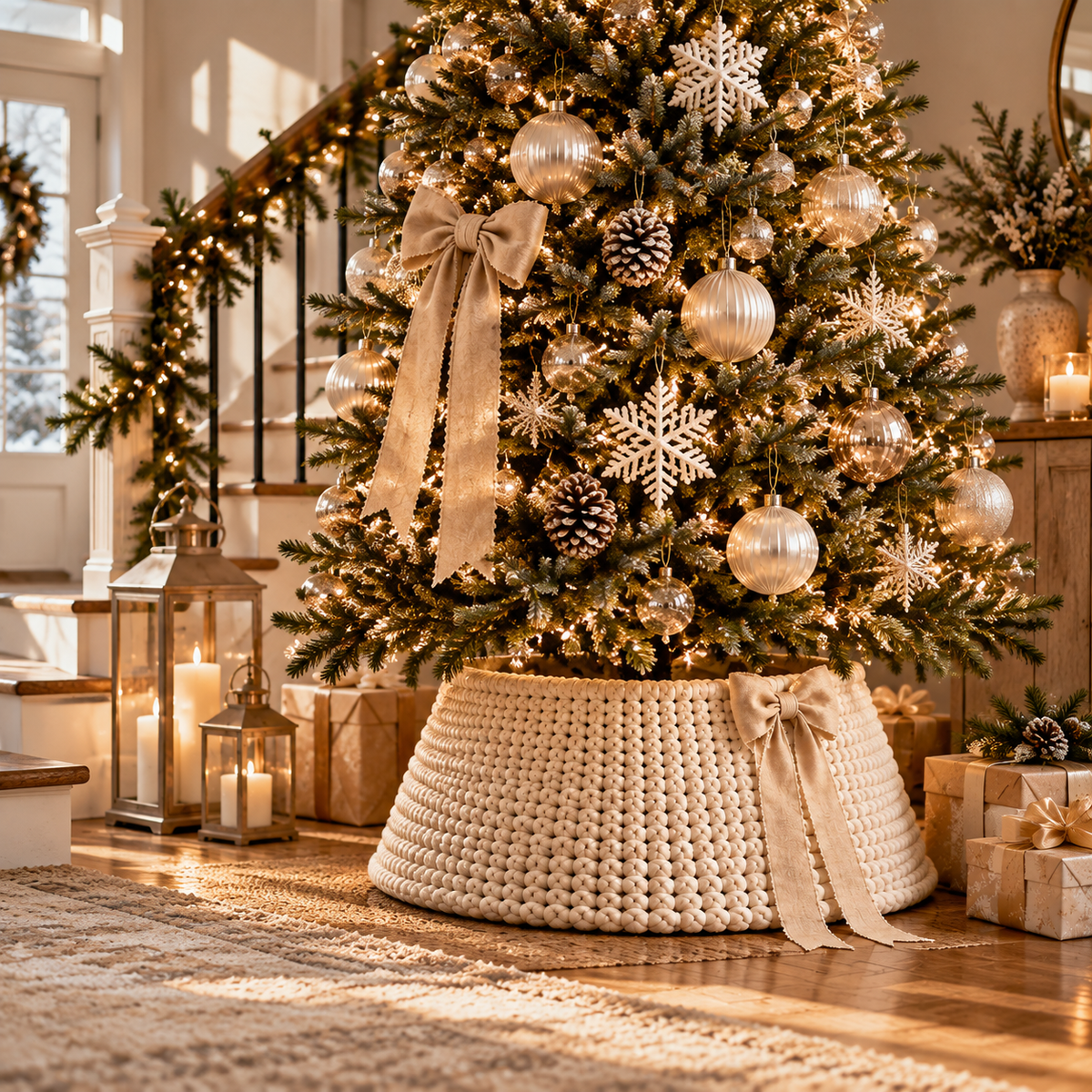 Modern Christmas Tree Skirt with Elegant Bow Decor