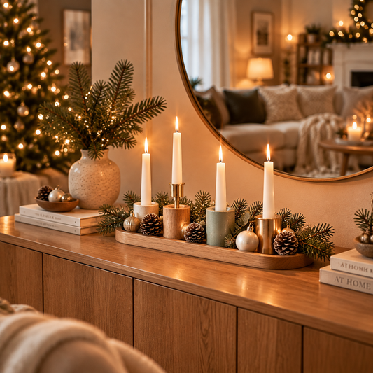 Modern Magnetic Christmas Candle Holder Set - Modular Wooden Tray & Ceramic Candle Holders
