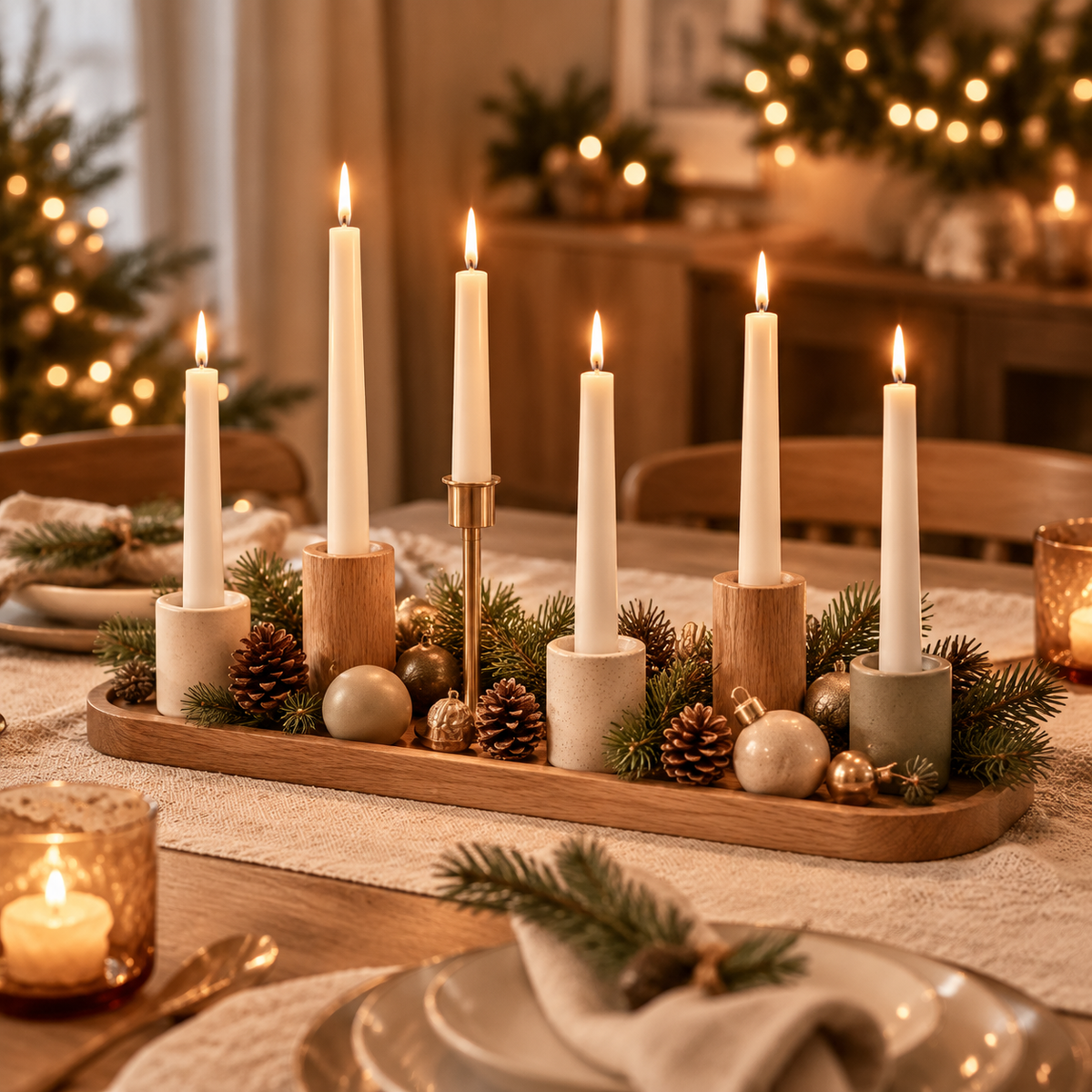 Modern Magnetic Christmas Candle Holder Set - Modular Wooden Tray & Ceramic Candle Holders