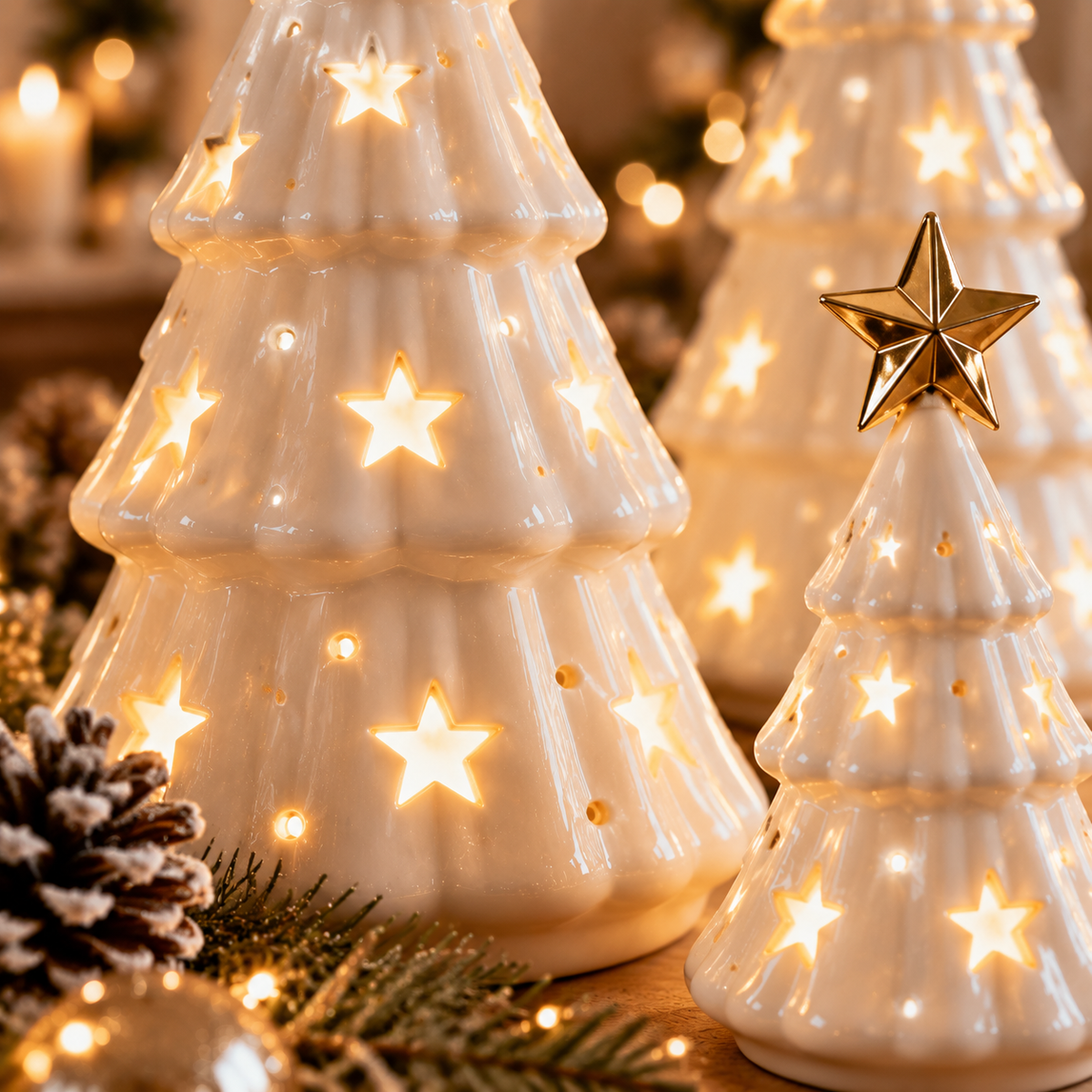 Ceramic Christmas Tree Luminary Set - Warm White Holiday Tree Decorations