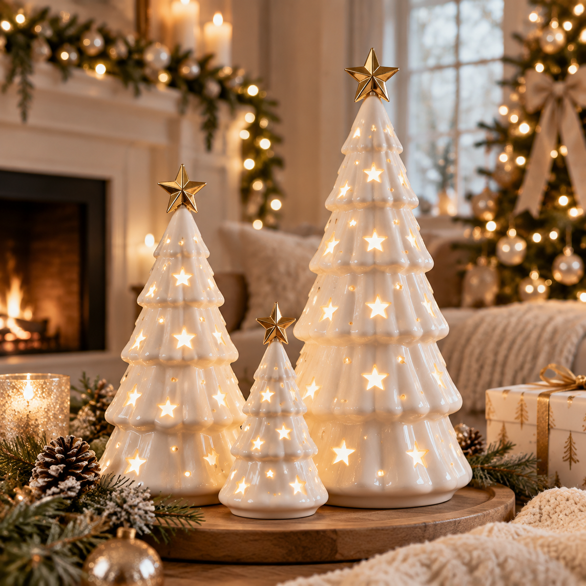 Ceramic Christmas Tree Luminary Set - Warm White Holiday Tree Decorations