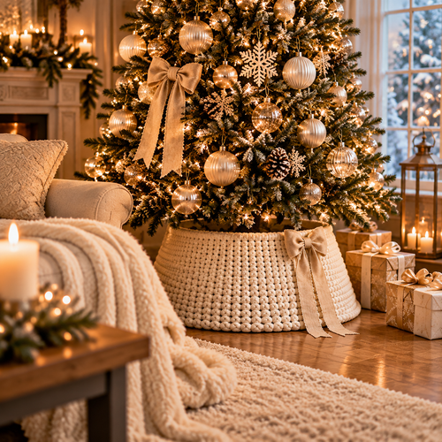 Modern Christmas Tree Skirt with Elegant Bow Decor