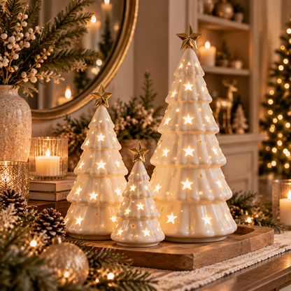 Ceramic Christmas Tree Luminary Set - Warm White Holiday Tree Decorations