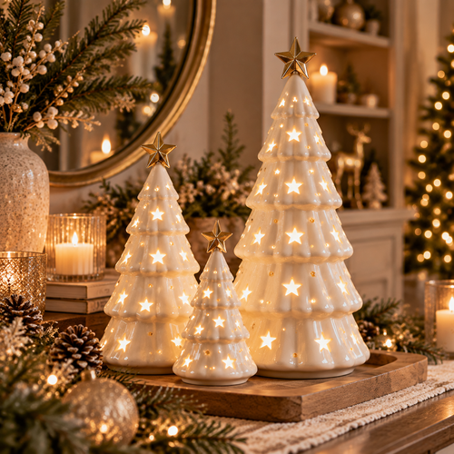Ceramic Christmas Tree Luminary Set - Warm White Holiday Tree Decorations