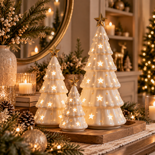 Ceramic Christmas Tree Luminary Set - Warm White Holiday Tree Decorations