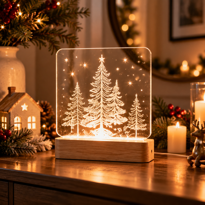 Christmas Acrylic Tree Lamp with Wooden Base - Warm Glow Holiday Night Light