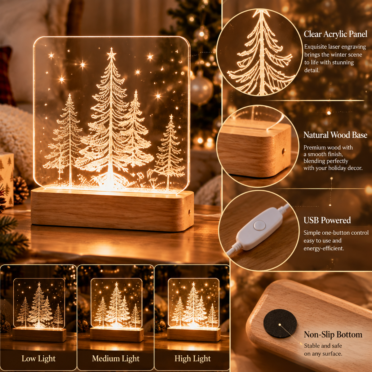 Christmas Acrylic Tree Lamp with Wooden Base - Warm Glow Holiday Night Light