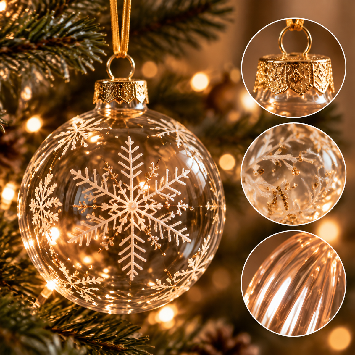 Luxury Glass Christmas Ornament Set - Elegant Snowflake & Gold Holiday Tree Decorations