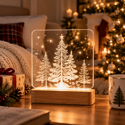 Christmas Acrylic Tree Lamp with Wooden Base - Warm Glow Holiday Night Light