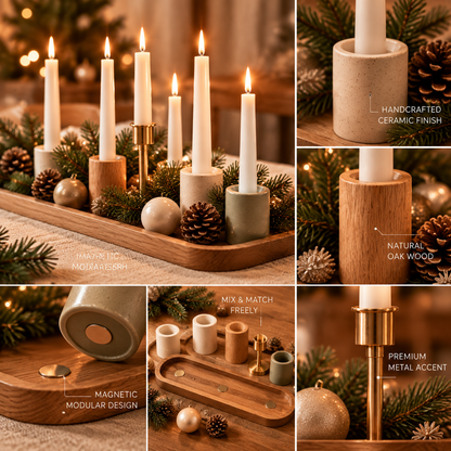 Modern Magnetic Christmas Candle Holder Set - Modular Wooden Tray & Ceramic Candle Holders