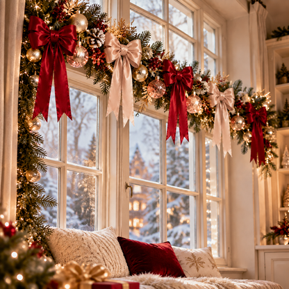 Luxury Christmas Velvet Bow Garland Decoration - Elegant Holiday Mantel & Window Decor